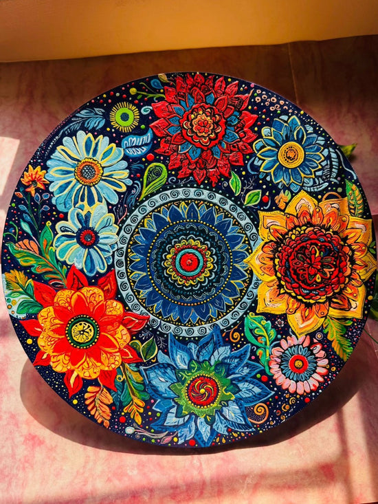 Alekhyart Nature's Garden circular mandala wall art featuring vibrant hand-painted floral acrylic designs on wood.