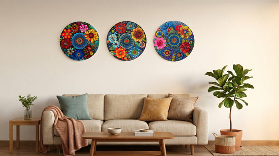 Alekhyart Nature's Garden set of three circular hand-painted floral mandala acrylic artworks on wood wall decor.