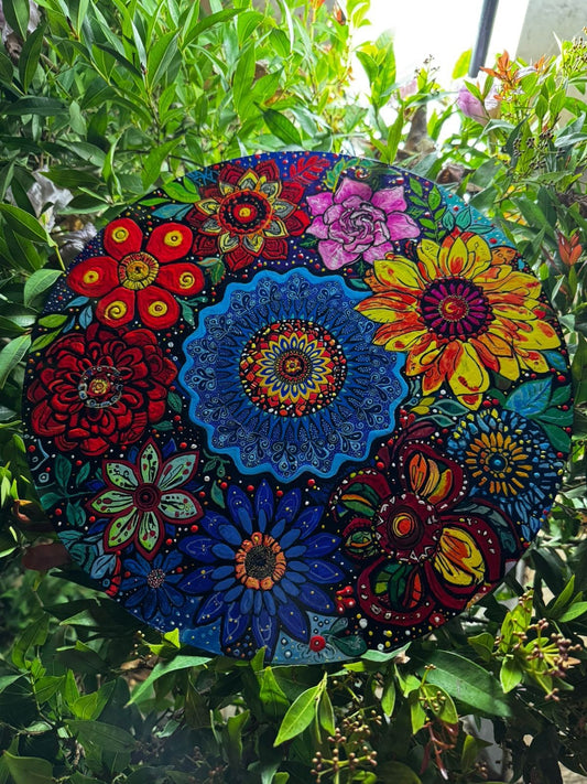 Alekhyart nature-inspired mandala wall art in warm floral tones, handpainted acrylic on wood.