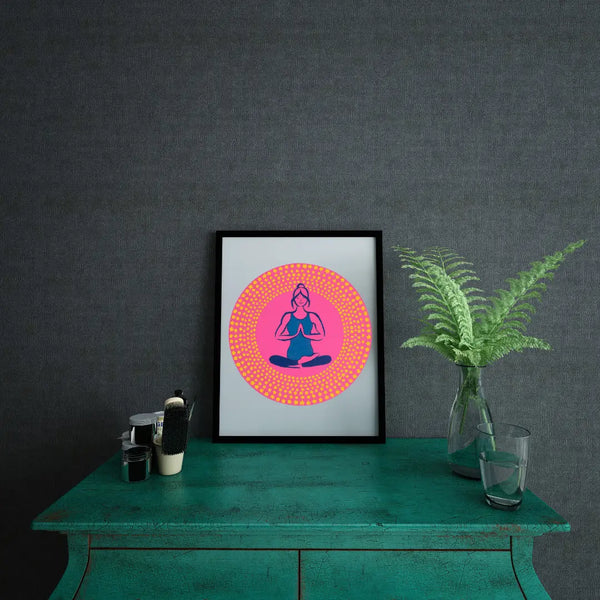 Alekhyart Yogini Mandala framed wall art featuring a seated yogini symbolizing self-care and mindfulness.
