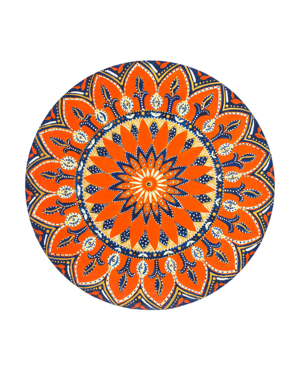 Alekhyart Orange and Blue Mandala original handpainted wall art with warm orange and cool blue tones.