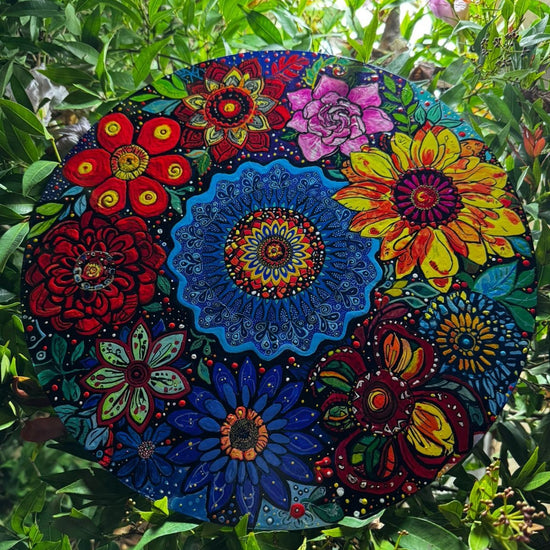 Alekhyart Nature's Garden circular mandala wall art featuring vibrant hand-painted floral acrylic designs on wood.