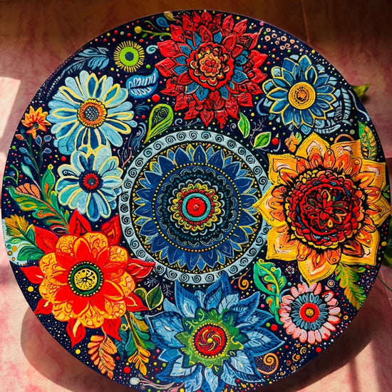 Alekhyart Nature's Garden circular mandala wall art featuring vibrant hand-painted floral acrylic designs on wood.