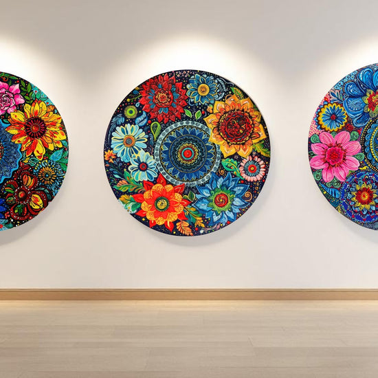 Alekhyart Nature's Garden set of three circular hand-painted acrylic floral mandala artworks on wood displayed on a wall.