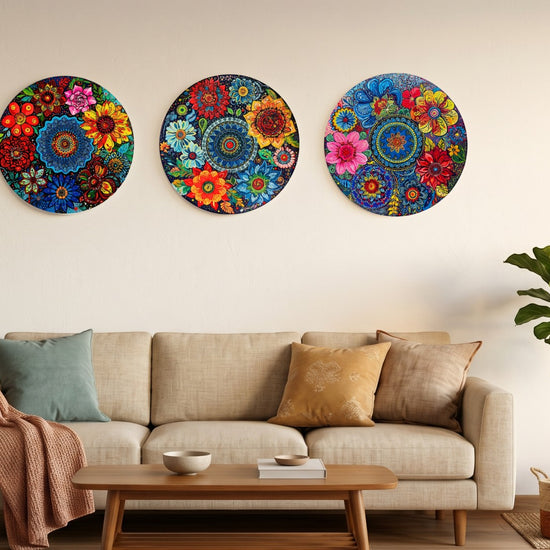 Alekhyart Nature's Garden set of three circular hand-painted floral mandala acrylic artworks on wood wall decor.