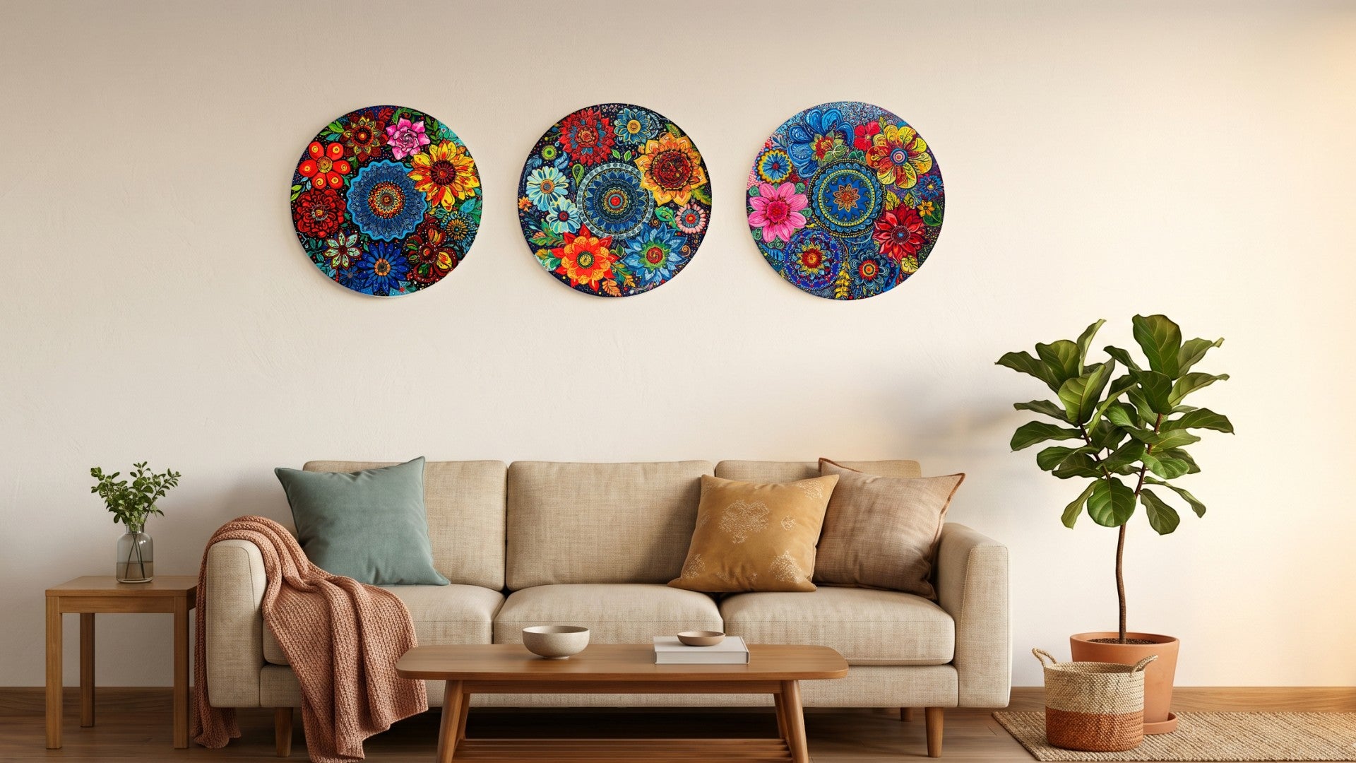 Alekhyart Nature's Garden set of three circular hand-painted floral mandala acrylic artworks on wood wall decor.