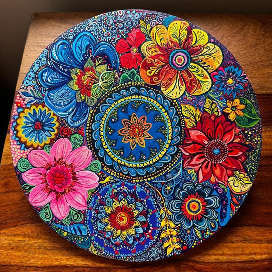 Alekhyart Nature's Garden circular mandala wall art featuring vibrant hand-painted floral patterns in acrylic on wood.