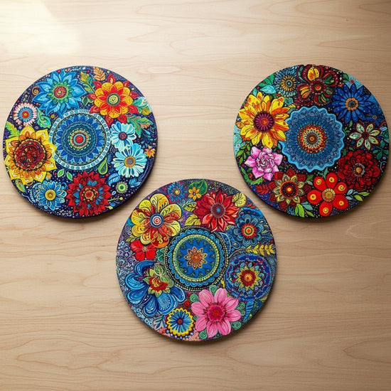 Alekhyart Nature's Garden set of three hand-painted circular mandala wood artworks with vibrant floral acrylic designs.