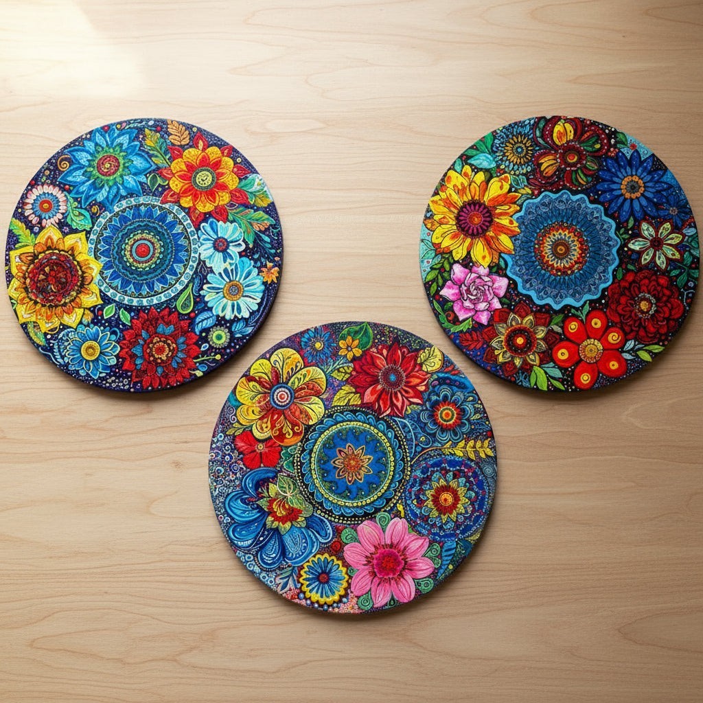 Alekhyart Nature's Garden set of three hand-painted circular mandala wood artworks with vibrant floral acrylic designs.