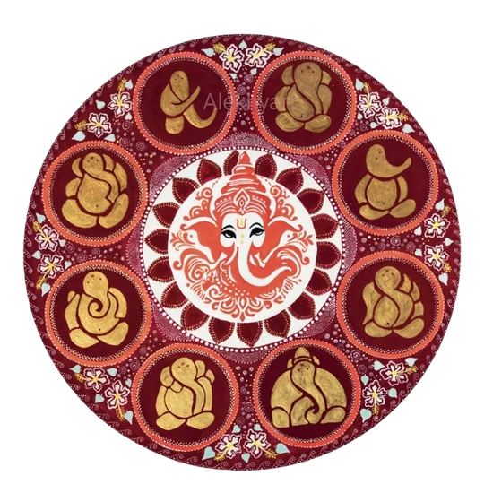 A circular decorative art print featuring a central Ganesha motif surrounded by eight circular medallions with seated figures, rendered in red, gold, and white on a plain white background.