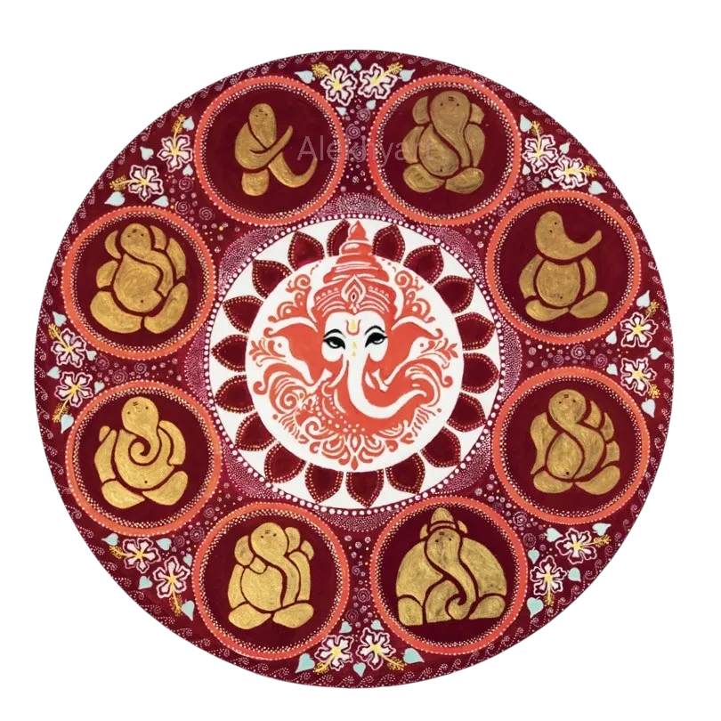 A circular decorative art print featuring a central Ganesha motif surrounded by eight circular medallions with seated figures, rendered in red, gold, and white on a plain white background.