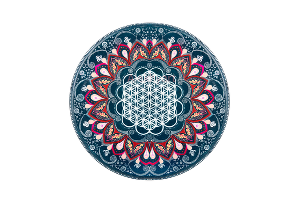 Alekhyart Geometric Teal Flower Mandala original handpainted floral artwork with butterfly details.