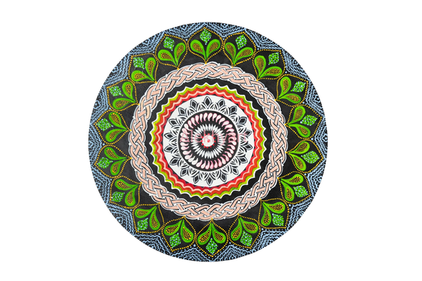 Alekhyart Fluorescent Forest Mandala original handpainted nature wall art with Celtic motifs.
