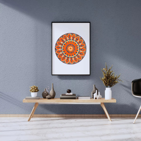 Alekhyart Orange and Blue Mandala framed wall art with radiant orange and serene blue hand-painted design.