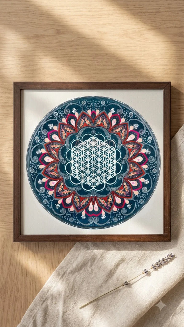 Geometric Teal Flower Mandala (Framed)